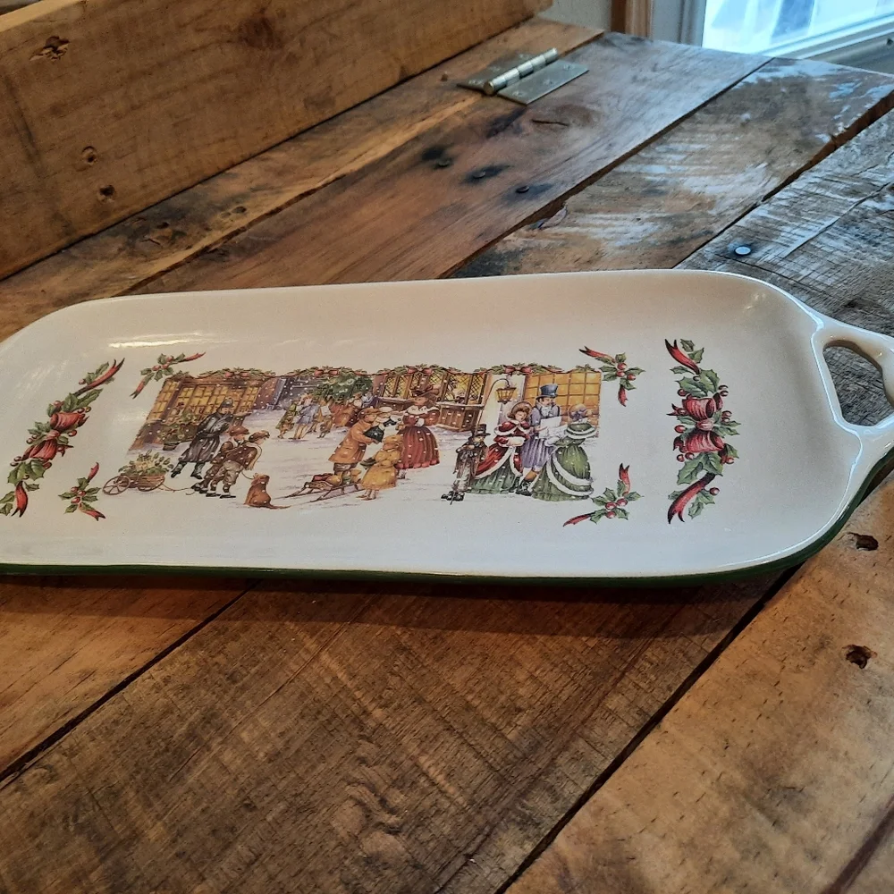 Vtg Czech Oblong Serving dish Christmas ceramic carolers Old Fashioned